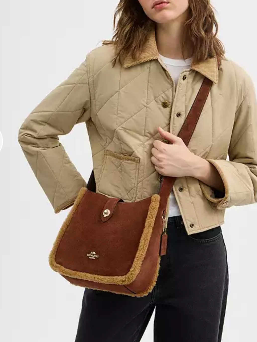 Coach Leather Suede Shoulder Purse Fur Trim Crossbody Bag